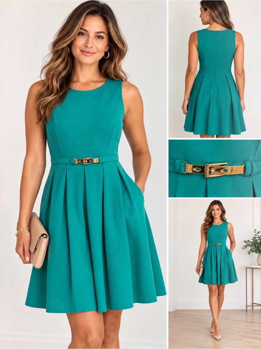 Jennifer Lopez JLO Dress L Tropical Sea Teal Pleated Fit & Flare Gold Buckle